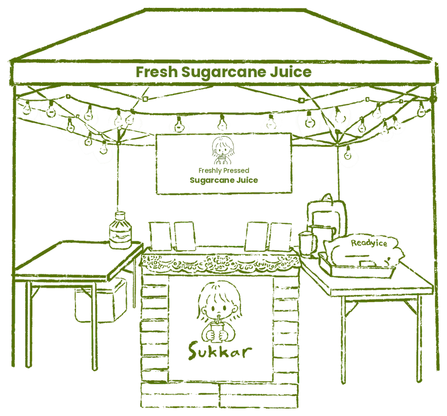 Hand-drawn Sukkar juice stand with string lights